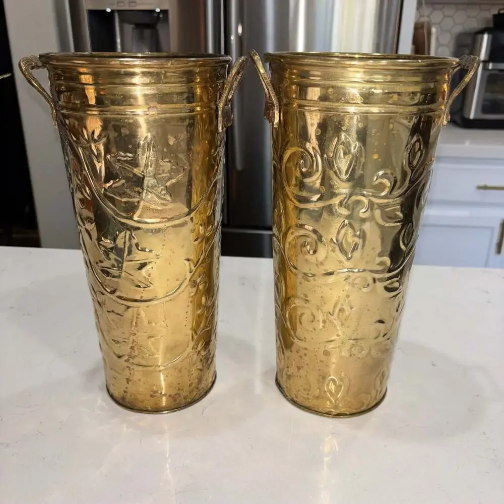 Vintage Hosley French Brass Bucket Planter Vases with Embossed Floral/Grapevine